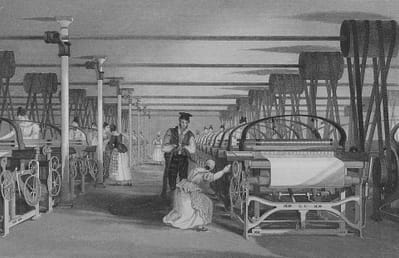 Illustration of power loom weaving during the industrial revolution.